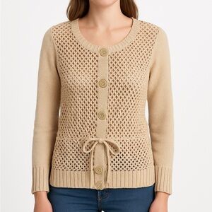 GAP Women’s Medium Beige Y2K Open Knit Cardigan Sweater Button Front Tie Waist
